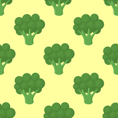 Broccoli vegetables seamless pattern on green background, green broccoli ingredients food. Vector illustration