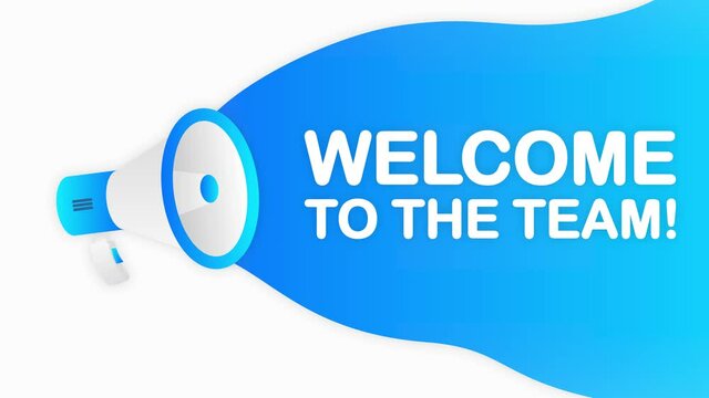 Megaphone WELCOME TO THE TEAM countdown template with blue objects on white background. Motion graphic.