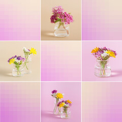 Creative photo collage with mini bottles and wildflowers. Minimal flower summer or spring concept. Copy space