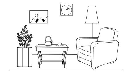 Sketch of the room. Vector image of a room for doodle videos. Background for doodle videos. Drawing in black and white lines of the living room.
