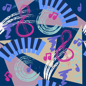Seamless pattern with brush strokes and hand-drawn musical elements. Art texture in graffiti style. Vector pattern for printing on fabric, gift wrapping, covers, wallpapers.