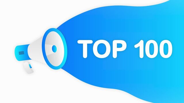 Megaphone TOP 100 countdown template with blue objects on white background. Motion graphic.