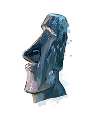 Moai Statue, Easter Island Statue from a splash of watercolor, colored drawing, realistic. Vector illustration of paints