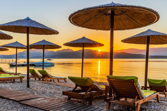 Lefkada, Greece. Nikiana beach at sunrise, Ionian sea.