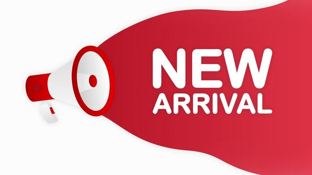 Megaphone NEW ARRIVAL countdown template with red objects on white background. Motion graphic.