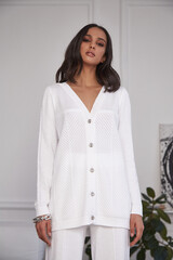Pretty fashion beautiful woman sexy lady brunette curly hair dark tanned skin wear trend clothes...