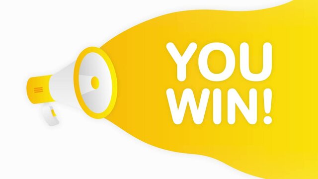 Megaphone YOU WIN countdown template with yellow objects on white background. Motion graphic.