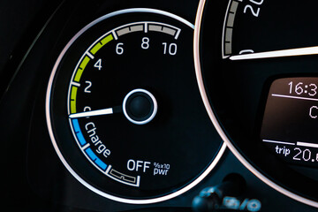 Engine start of electric car on the dashboard. 