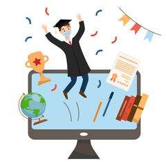 Virtual graduation ceremony. Student is jumping in mask. Vector illustration with Online graduation concept.