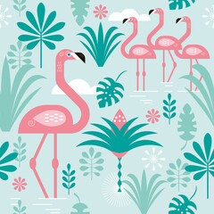seamless pattern with a pink flamingo