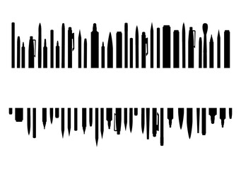 Stationery. Horizontal background silhouette picture for art studio, stationery store, school. Isolated object. Brushes, pencils, felt-tip pens.  Bottom frame for banner, poster, business card. Vector