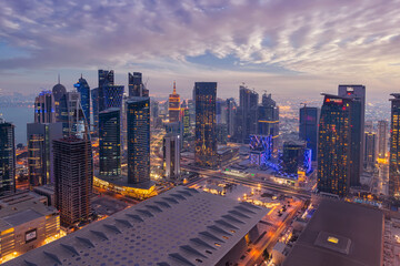 Beautiful Doha Skyline at sunset. West bay Doha Business hub