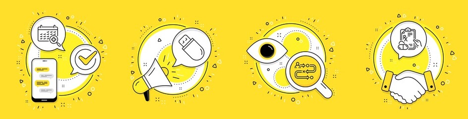 Journey path, Medical calendar and Usb stick line icons set. Cell phone, megaphone and deal vector icons. Prescription drugs sign. Project process, Doctor appointment, Memory flash. Pills. Vector