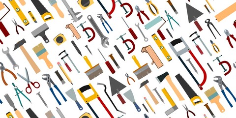 Construction tools. Background. For work as a painter, carpenter, builder, handyman. Repair and construction services. Sale of tools. Hammer, pliers, saw, scissors, brushes.