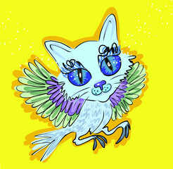 Interesting character cat bird on a yellow background