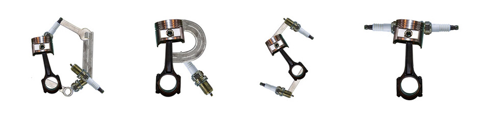 The letters Q, R, S, T are made from car parts