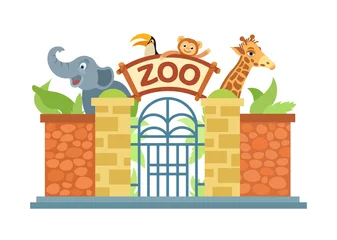 Poster Im Rahmen Zoo entrance gate. The zoo is home to an elephant, a giraffe, a monkey, a parrot. Vector illustration in cartoon style isolated. © Oleg