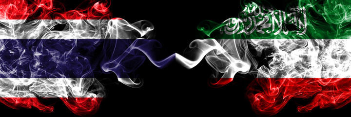 Thailand, Thai vs Somaliland smoky mystic flags placed side by side. Thick colored silky abstract smokes flags.