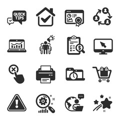 Set of Technology icons, such as Web analytics, Seo certificate, Reject click symbols. Shopping cart, Printer, Internet signs. Teamwork, Time management, Brand ambassador. Quick tips. Vector