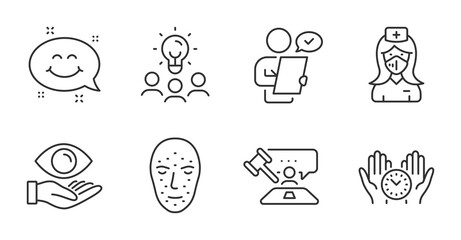 Fototapeta premium Safe time, Smile chat and Face biometrics line icons set. Business idea, Nurse and Judge hammer signs. Customer survey, Health eye symbols. Management, Happy emoticon, Facial recognition. Vector