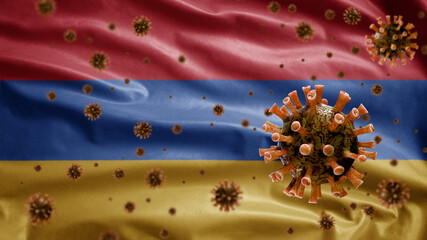 3D, Armenian flag waving with Coronavirus outbreak. Pandemic Covid 19 Armenia