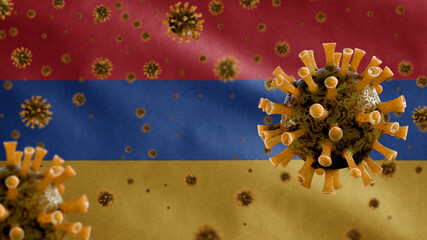 3D, Armenian flag waving with Coronavirus outbreak. Pandemic Covid 19 Armenia