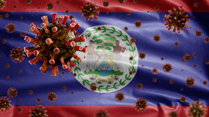 3D, Flu coronavirus floating over Belizean flag. Belize and pandemic Covid 19