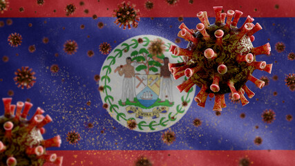 3D, Belizean flag waving with Coronavirus outbreak. Belize Covid 19