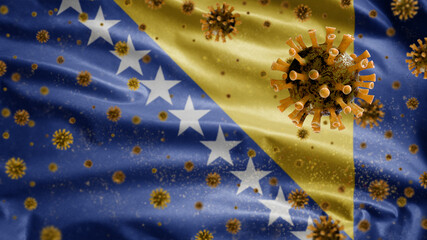 3D, Bosnian flag waving with Coronavirus outbreak. Bosnia Covid 19
