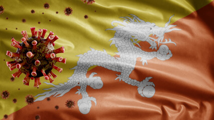3D, Flu coronavirus floating over Bhutan flag. Butane and pandemic Covid 19