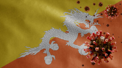 3D, Bhutan flag waving with Coronavirus outbreak. Butane Covid 19