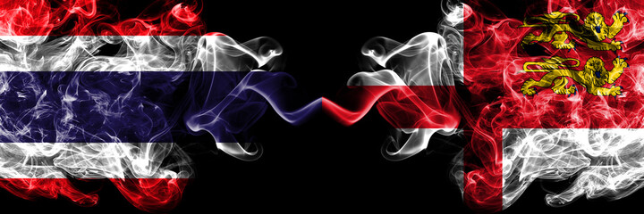 Thailand, Thai vs United Kingdom, Great Britain, British, Sark smoky mystic flags placed side by side. Thick colored silky abstract smokes flags.