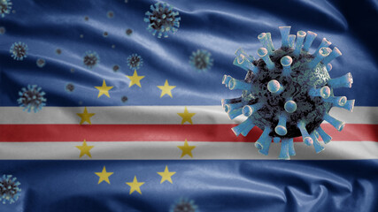 3D, Cape Verdean flag waving with Coronavirus outbreak. Cape Verde Covid 19