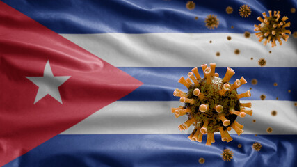 3D, Flu coronavirus floating over Cuban flag. Cuba and pandemic Covid 19