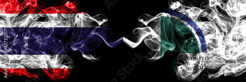 Thailand, Thai vs United States of America, America, US, USA, American, Brooklyn Park, Minnesota smoky mystic flags placed side by side. Thick colored silky abstract smokes flags.