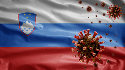 3D, Flu coronavirus floating over Slovenian flag. Slovenia and pandemic Covid 19