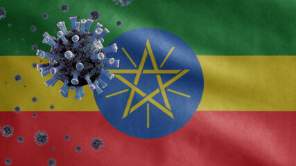 3D, Flu coronavirus floating over Ethiopian flag. Ethiopia and pandemic Covid 19