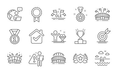 Laureate, Winner podium and Swimming pool line icons set. Arena stadium, Winner reward and Reward signs. Best rank, Sports stadium and Ole chant symbols. Sports arena, Target goal. Vector