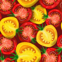 Red and yellow slice tomatoes watercolor seamless pattern. Fresh half vegetables salad isolated on dark background for textile, wrapping paper, wallpaper, kitchen towels and apron