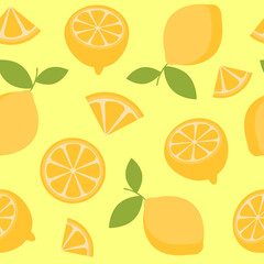 Yellow seamless pattern with lemon slice. Citrus repeat motif for background, wallpaper