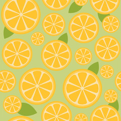 Green and yellow seamless pattern with lemon slice and leaves. Fresh fruit illustration for background, wallpaper, textile or fabric