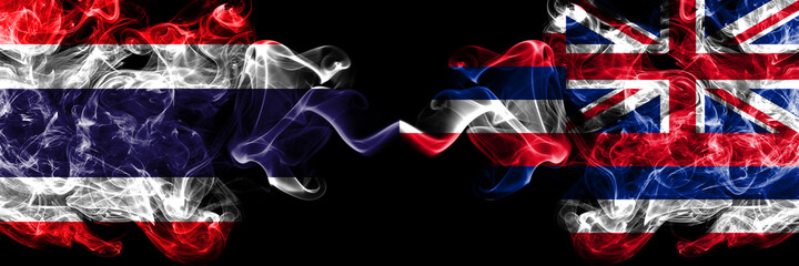 Thailand, Thai vs United States of America, America, US, USA, American, Hawaii, Hawaiian smoky mystic flags placed side by side. Thick colored silky abstract smokes flags.