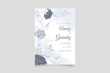  Elegant wedding invitation card with navy blue beautiful floral and leaves template Premium Vector