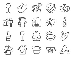 Food and drink icons set. Included icon as Water splash, Wine glass, Cold coffee signs. Beans, Coffee-berry beans, Tea symbols. Water bottle, Milk jug, Ice cream. Beer, Hazelnut. Vector
