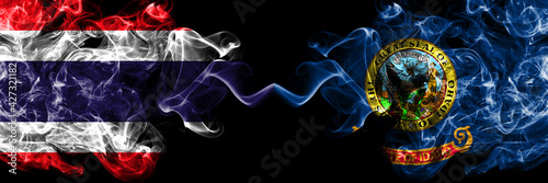Thailand, Thai vs United States of America, America, US, USA, American, Idaho smoky mystic flags placed side by side. Thick colored silky abstract smokes flags.