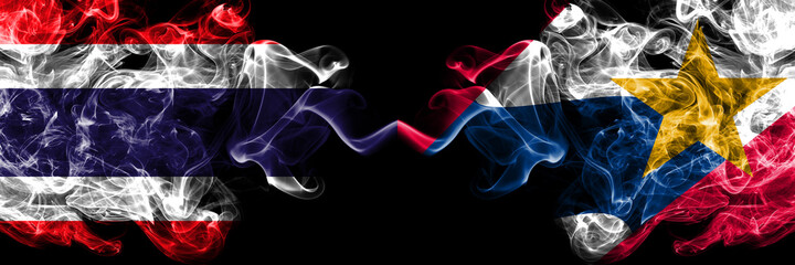 Thailand, Thai vs United States of America, America, US, USA, American, Lafayette, Indiana smoky mystic flags placed side by side. Thick colored silky abstract smokes flags.