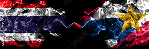 Thailand, Thai vs United States of America, America, US, USA, American, Lafayette, Indiana smoky mystic flags placed side by side. Thick colored silky abstract smokes flags.