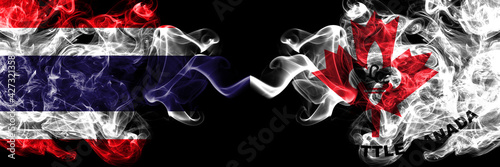 Thailand, Thai vs United States of America, America, US, USA, American, Little Canada, Minnesota smoky mystic flags placed side by side. Thick colored silky abstract smokes flags.