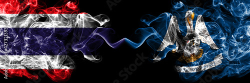 Thailand, Thai vs United States of America, America, US, USA, American, Louisiana smoky mystic flags placed side by side. Thick colored silky abstract smokes flags.