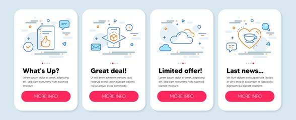 Set of Business icons, such as Augmented reality, Approved document, Cloudy weather symbols. Mobile screen mockup banners. Love coffee line icons. Phone simulation, Like symbol, Sky climate. Vector
